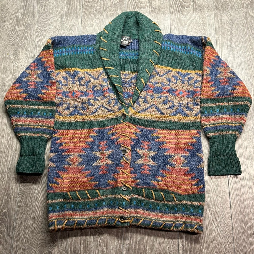 Woolrich Vintage Handknit Wool Cardigan Mens Medium Southwest Shawl Collar Green